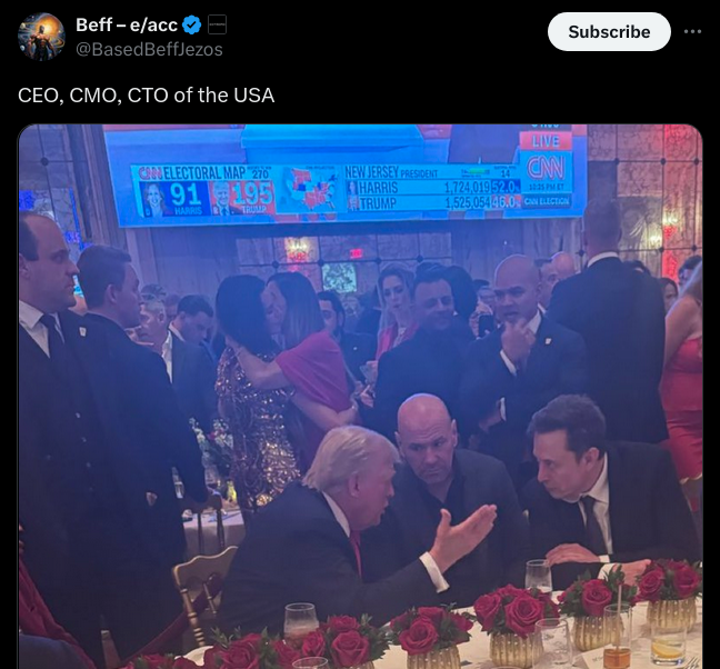 X post by @BasedBeffJezos with a photo of Elon Musk, Dana White, and Donald Trump talking at a table on election night 2024 with the text "CEO, CMO, CTO of the USA"