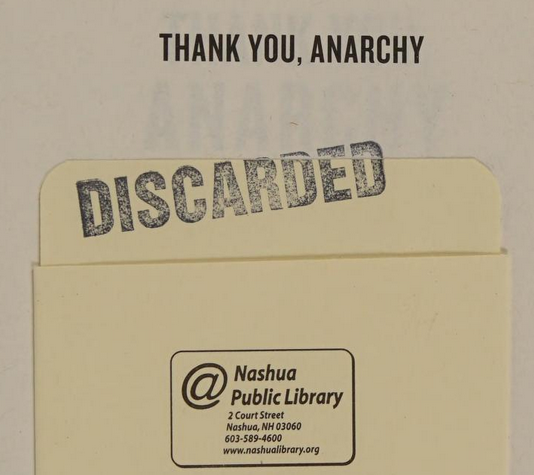 Title page of Thank You, Anarchy with "DISCARDED" stamped on it.