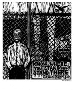 Woodcut of Daniel Berrigan by Alice Hendrickson from the Catholic Worker