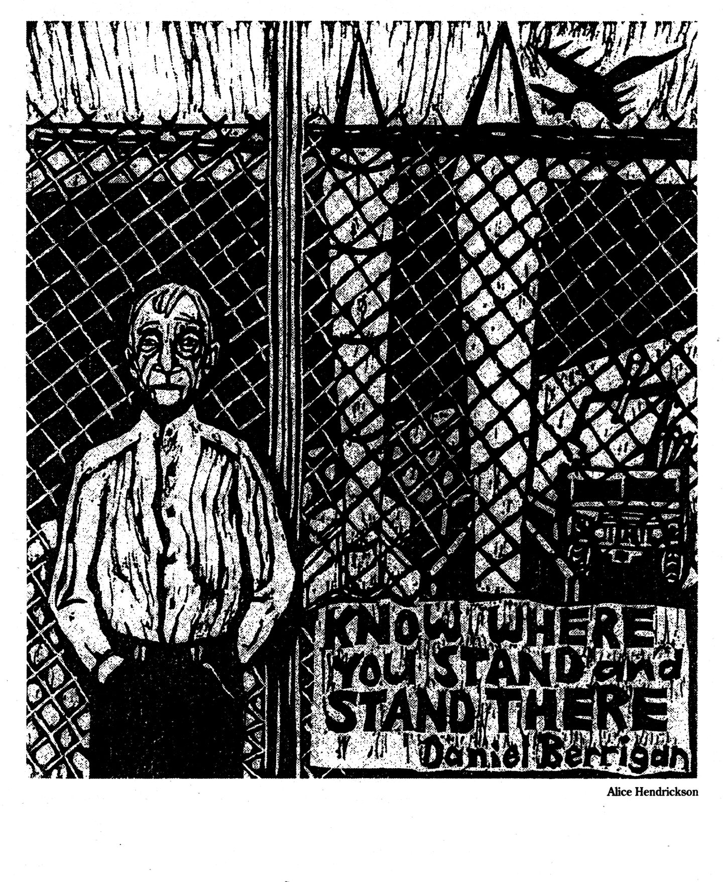 Woodcut of Daniel Berrigan by Alice Hendrickson from the Catholic Worker